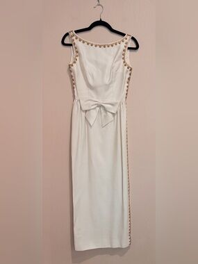 Gorgeous Ivory Column Midi Dress, w/ Gold Medallion Ribbon Trim and Bow Accent